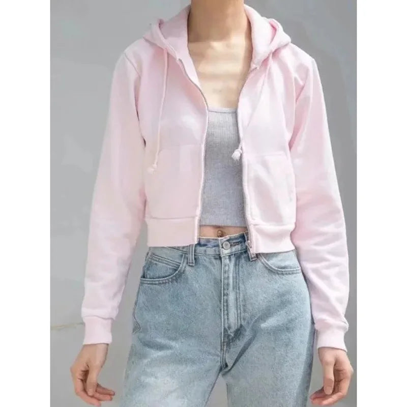 Cropped Zip-Up Hoodie Vintage Brandy Zipper Woman Jacket Pink Hoodies