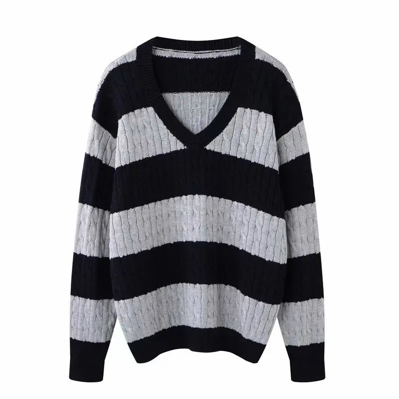 Long V Neck Striped Sweater,