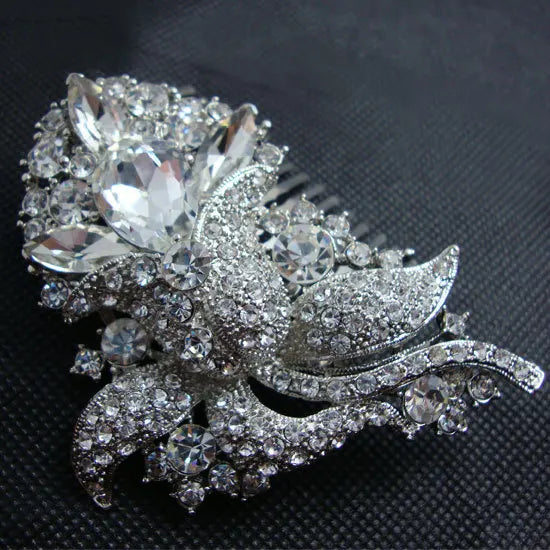 Sweet Bridal hair accessories Beautiful romantic flowers bouquet  Clear Rhinestone Crystal