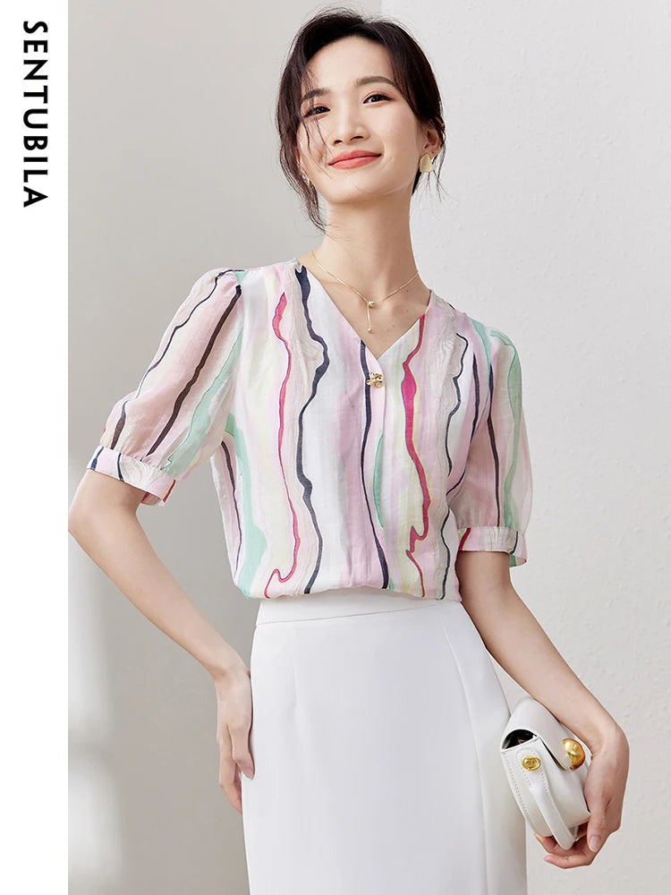 SENTUBILA Elegant Striped Chiffon Blouse for Women 2024 Summer Fashion Short Sleeve V Neck Shirt Contrast Chiffon Top Q32V50521