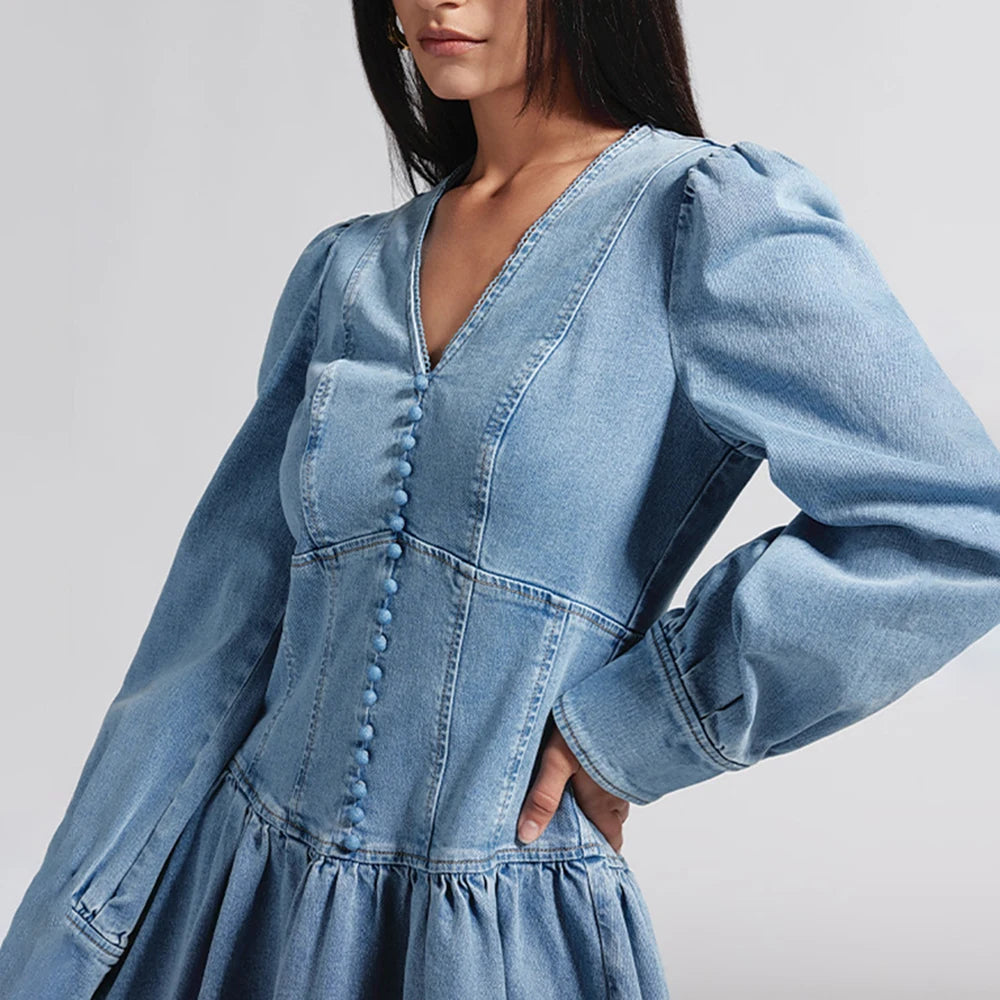 Minimalist Denim V Neck Long Sleeve High Waist Spliced Ruffles Casual Dress