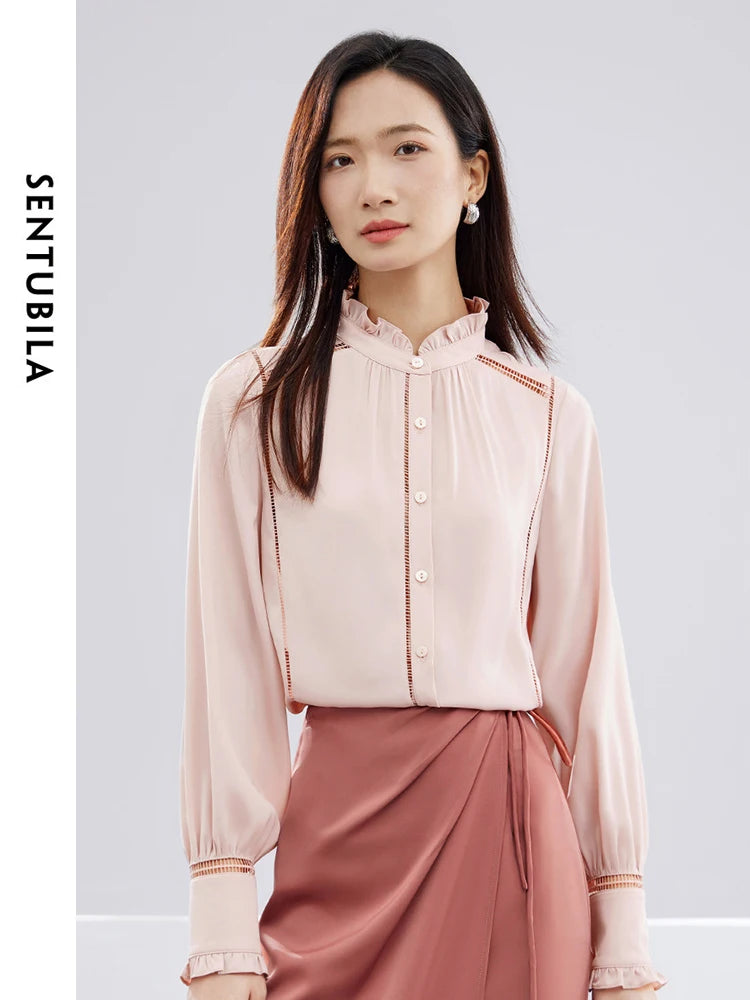 Stand Collar Puff Sleeve Button-Up Blouse