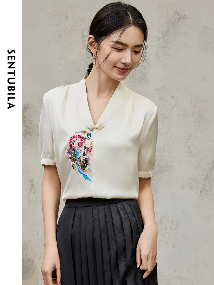 Embroidery V-neck Chiffon Blouse