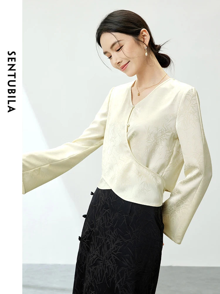 Jacquard Light Apricot V-neck Shirt Chinese Style Lace-up Long Sleeve Chiffon Blouse