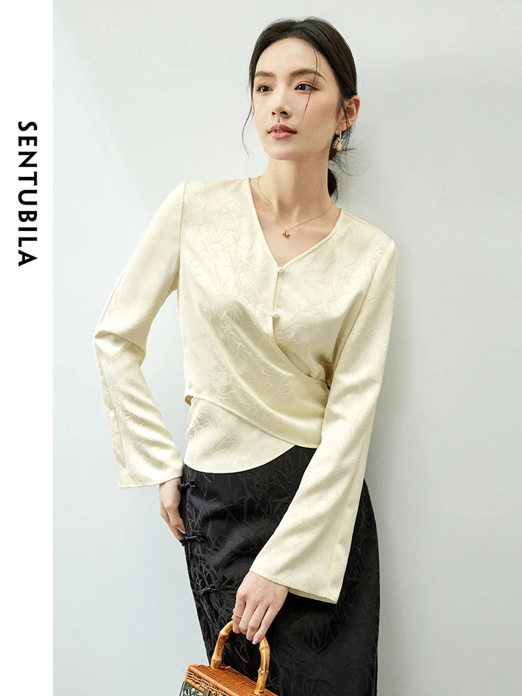 Jacquard Light Apricot V-neck Shirt Chinese Style Lace-up Long Sleeve Chiffon Blouse