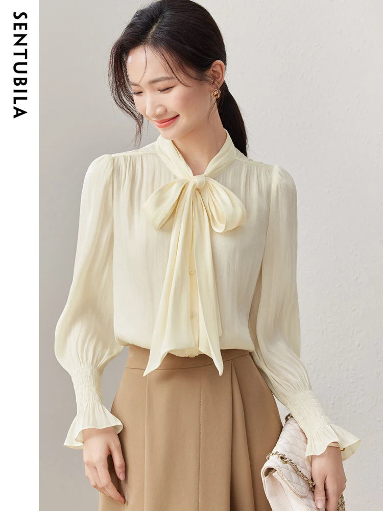 Pleated Bow Neck Chiffon Blouses