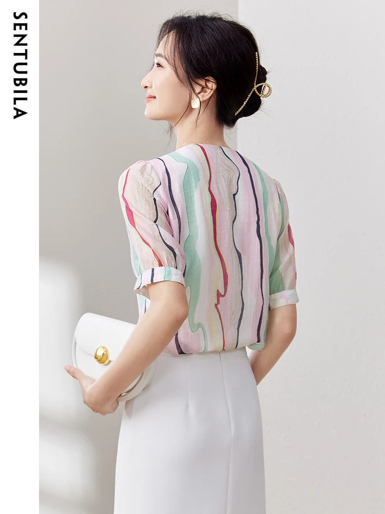 SENTUBILA Elegant Striped Chiffon Blouse for Women 2024 Summer Fashion Short Sleeve V Neck Shirt Contrast Chiffon Top Q32V50521