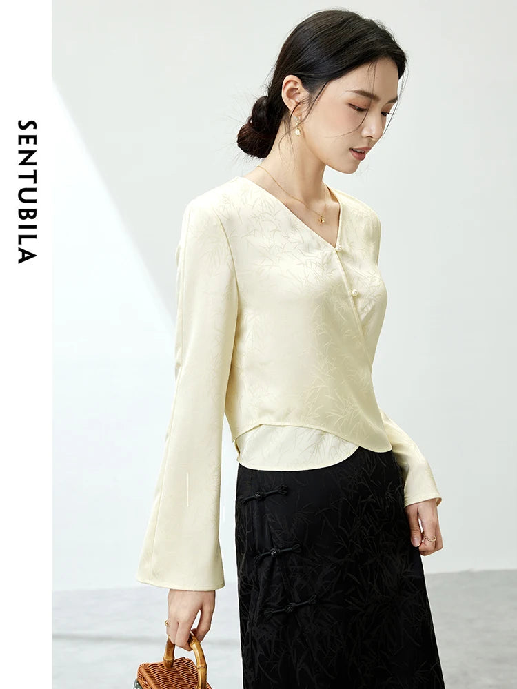 Jacquard Light Apricot V-neck Shirt Chinese Style Lace-up Long Sleeve Chiffon Blouse