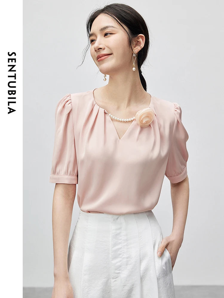 V-neck Chiffon Puff Sleeve Blouse