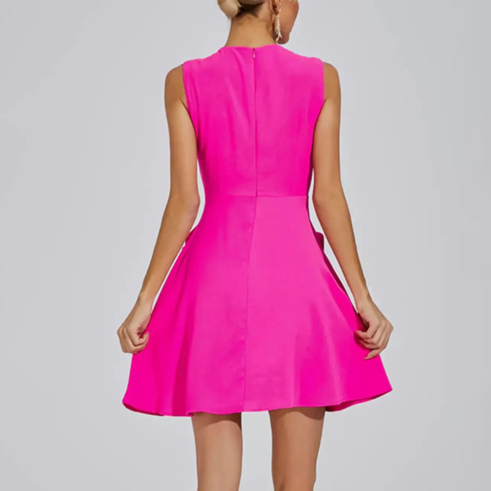 Pink Elegant Round Neck Sleeveless High Waist Patchwork Zipper Dress