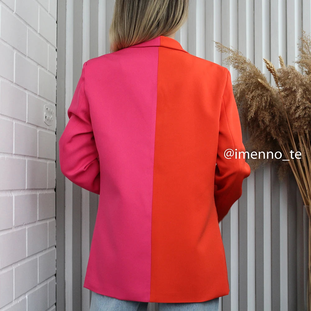 Pink and Red Contrast Color Long Sleeve Blazer