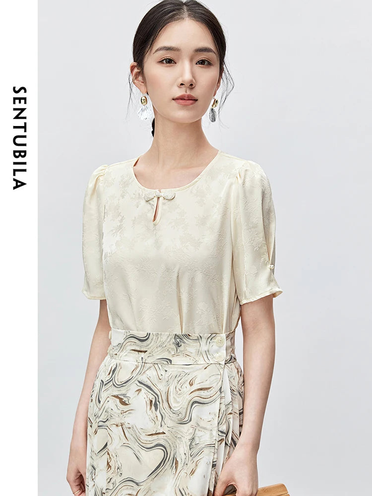 Jacquard Elegant Chiffon Round Neck Short Sleeve Blouse