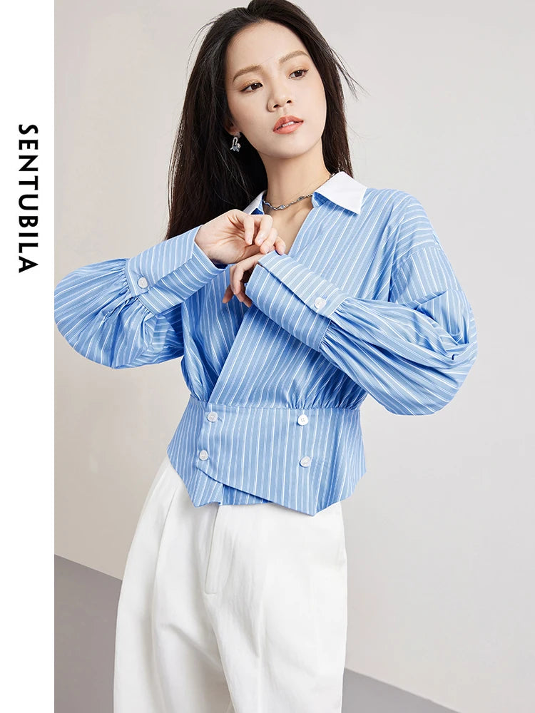 Striped Polo Collar Irregular Double Breasted Long Sleeve Waisted Blouse