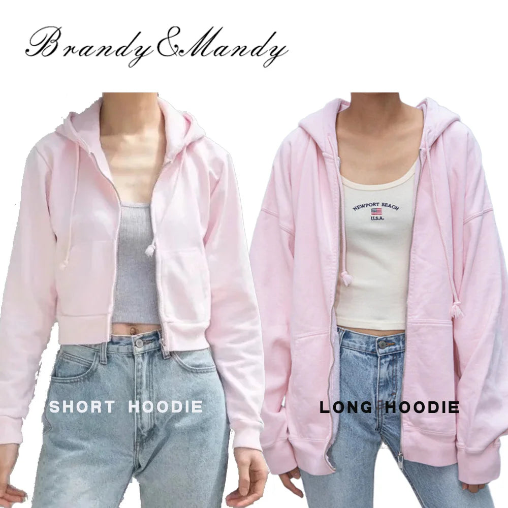 Cropped Zip-Up Hoodie Vintage Brandy Zipper Woman Jacket Pink Hoodies