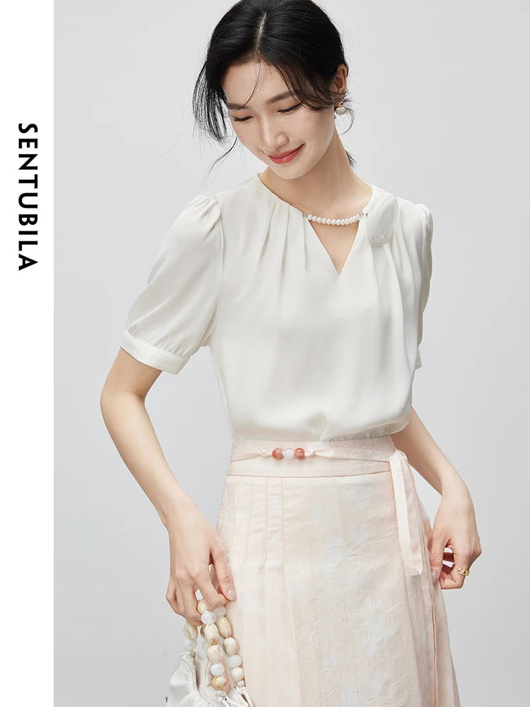 V-neck Chiffon Puff Sleeve Blouse