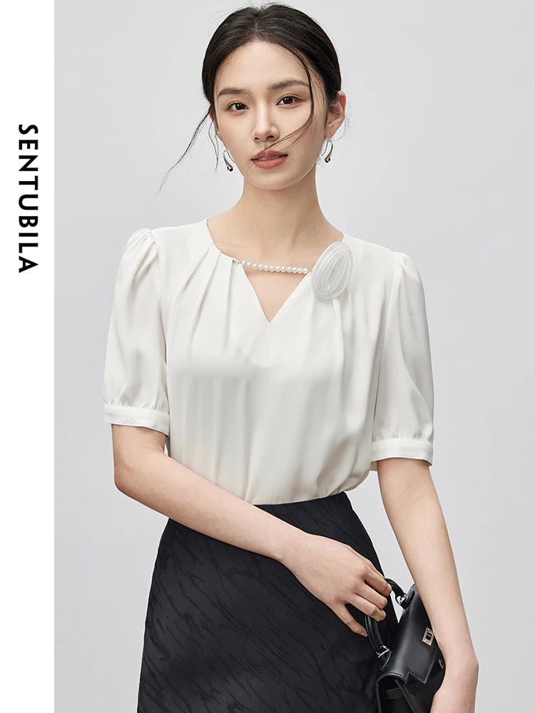 V-neck Chiffon Puff Sleeve Blouse