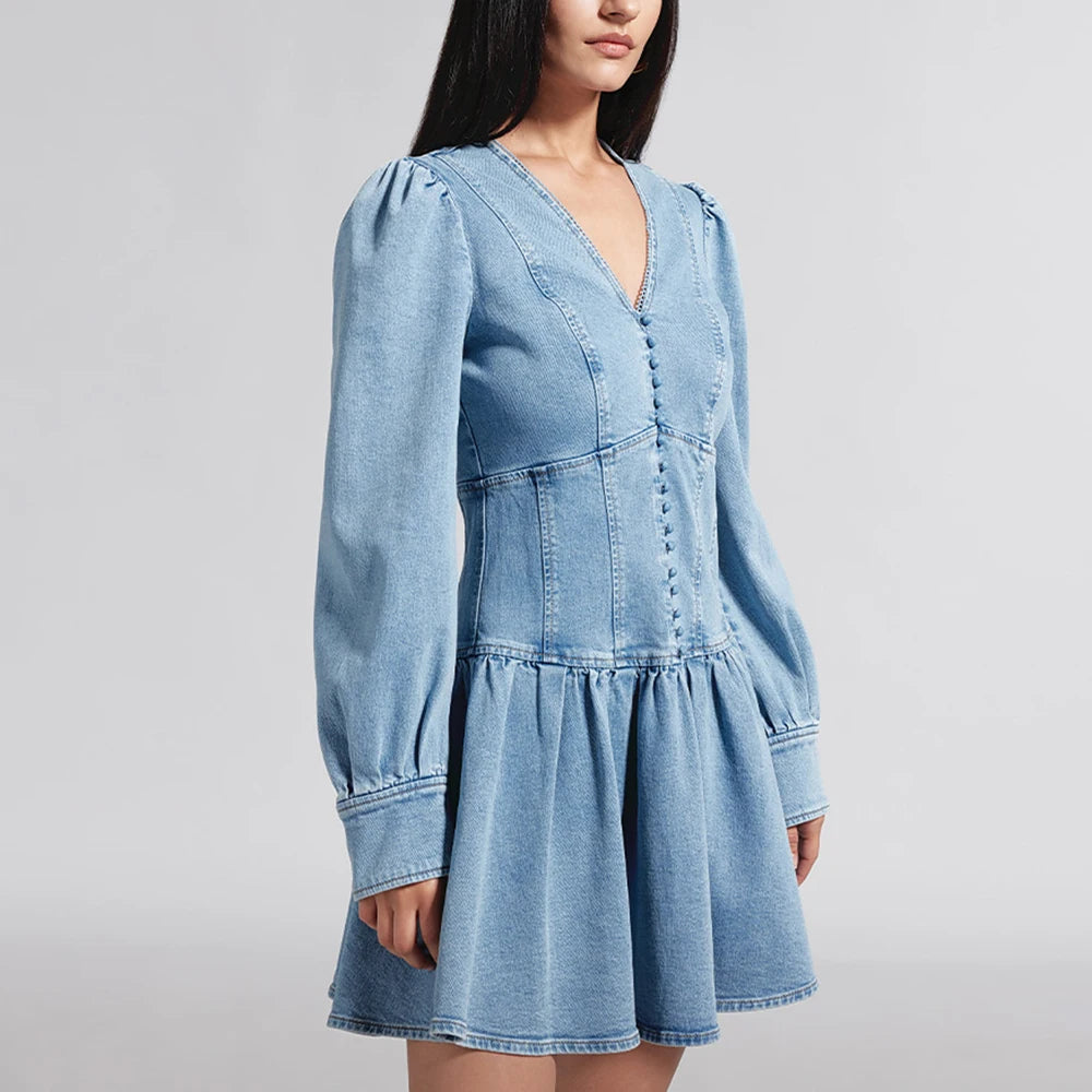 Minimalist Denim V Neck Long Sleeve High Waist Spliced Ruffles Casual Dress