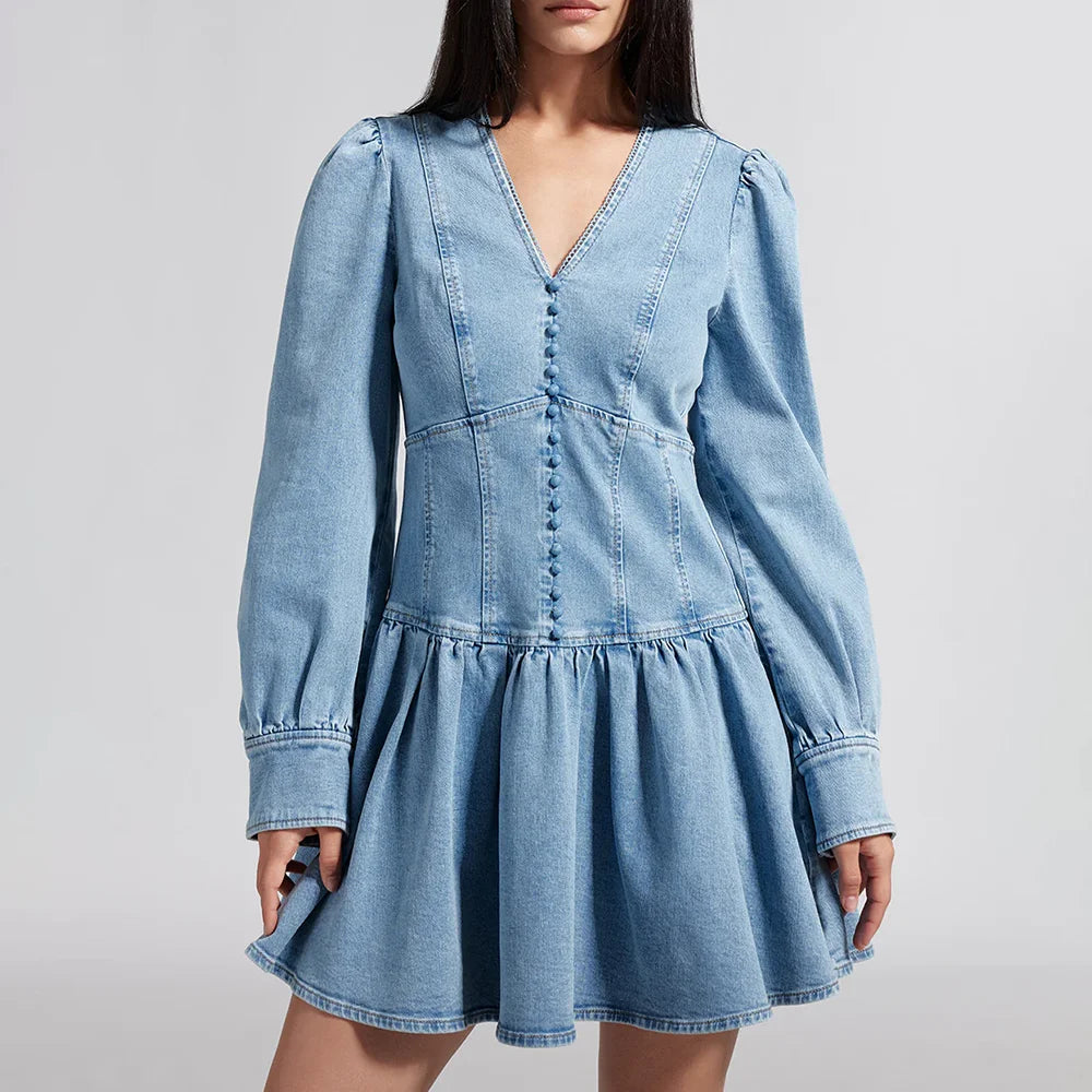 Minimalist Denim V Neck Long Sleeve High Waist Spliced Ruffles Casual Dress