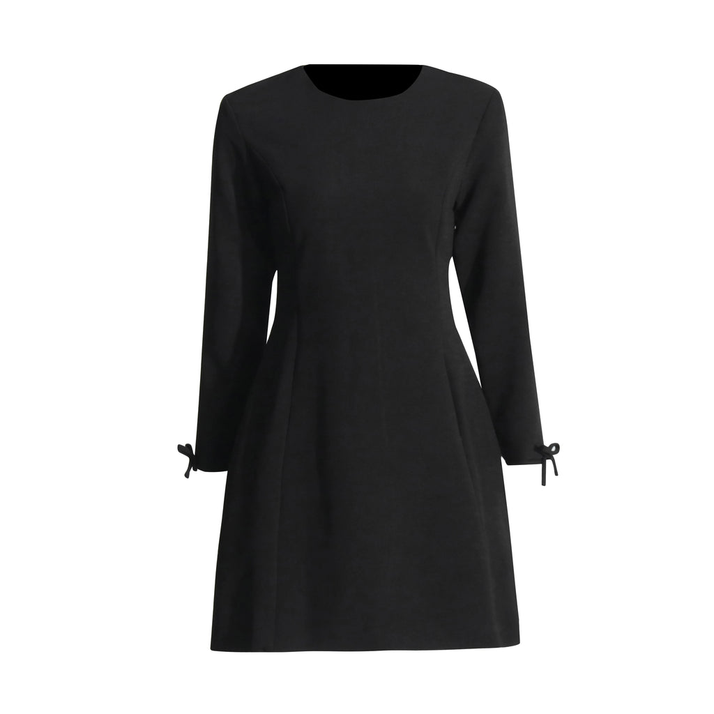 Bowknot Chic Round Neck High Waist Long Sleeve Dress