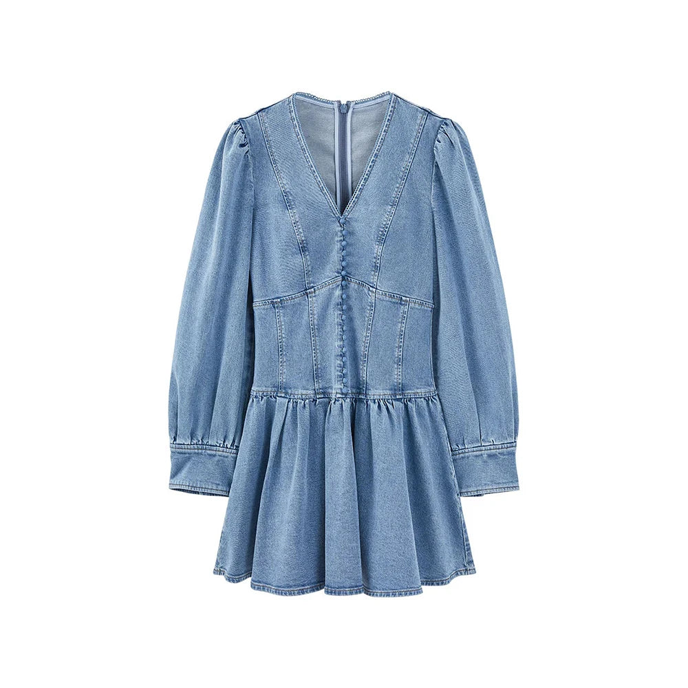 Minimalist Denim V Neck Long Sleeve High Waist Spliced Ruffles Casual Dress