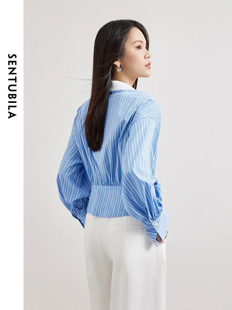 Striped Polo Collar Irregular Double Breasted Long Sleeve Waisted Blouse