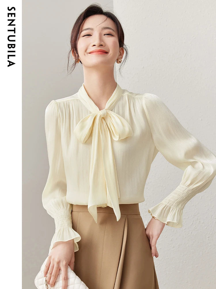 Pleated Bow Neck Chiffon Blouses