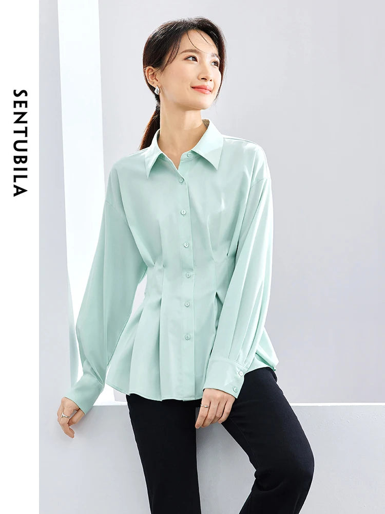 Solid Comfort Loose High Waist Button Up Long Sleeve Blouse