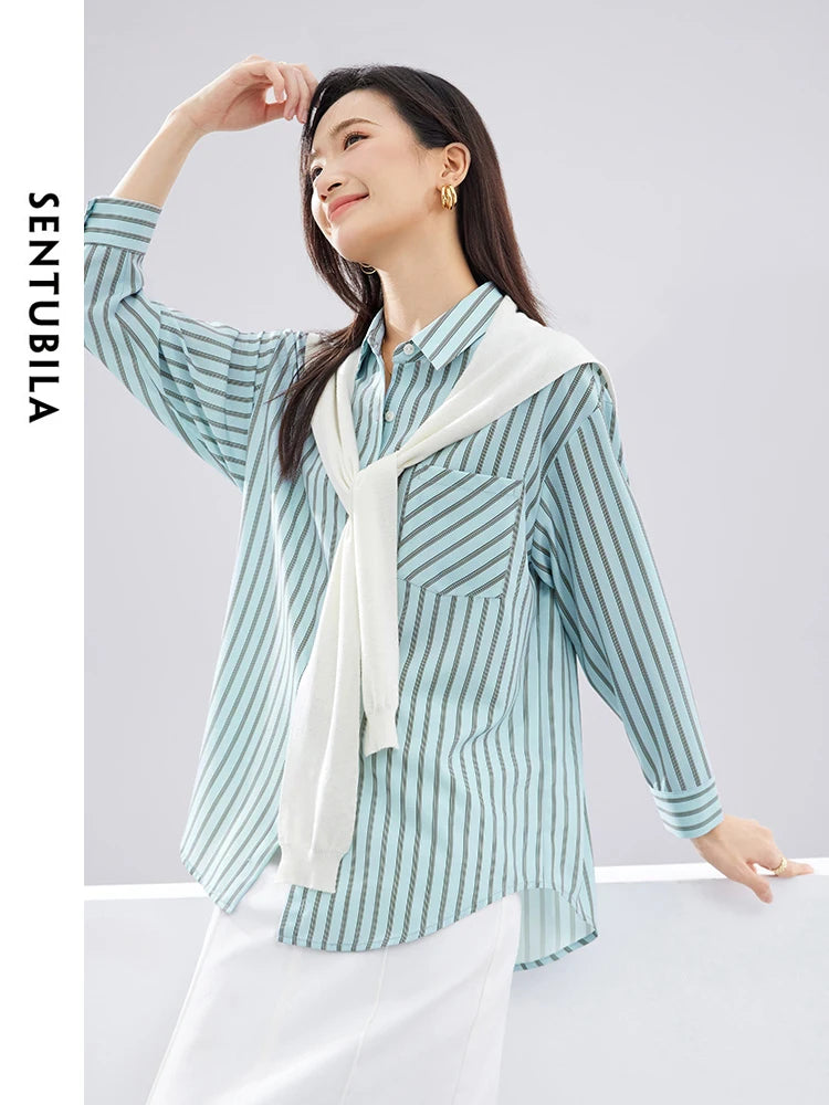 Blue Button Up Loose Striped Shirt