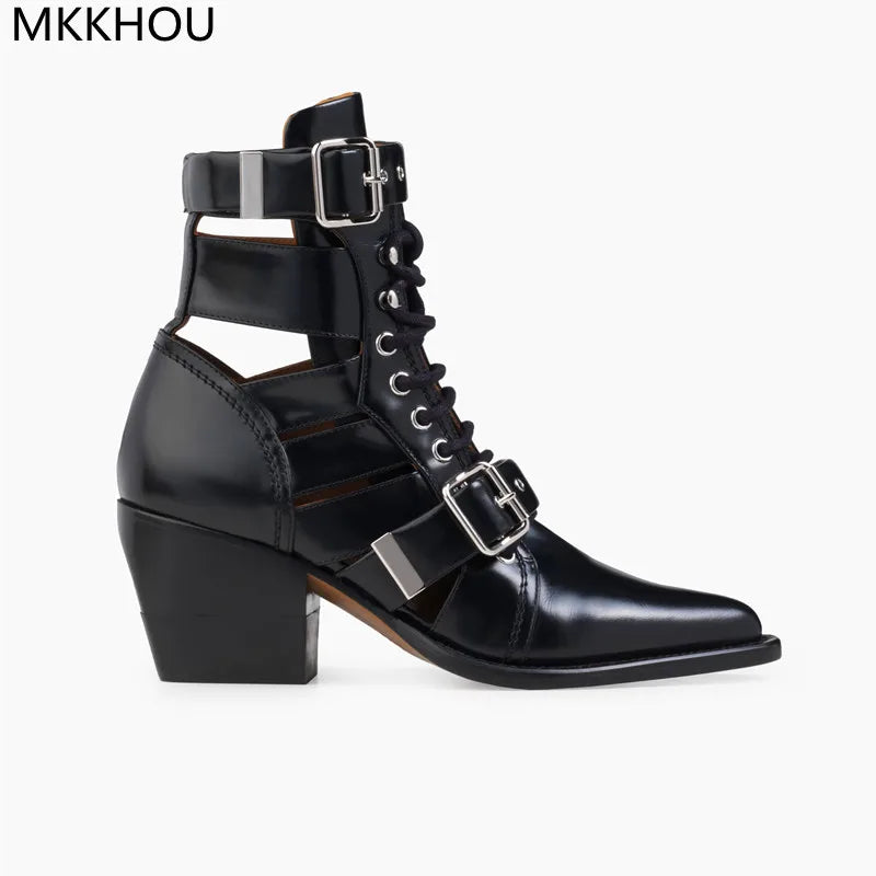 Retro Punk Leather Hollow Pointed Toe Belt Buckle Boots Women's Ankle ...