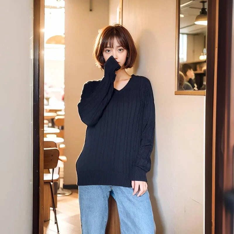 Pullovers Navy Long Sleeve V Neck Cable Knit  Sweater