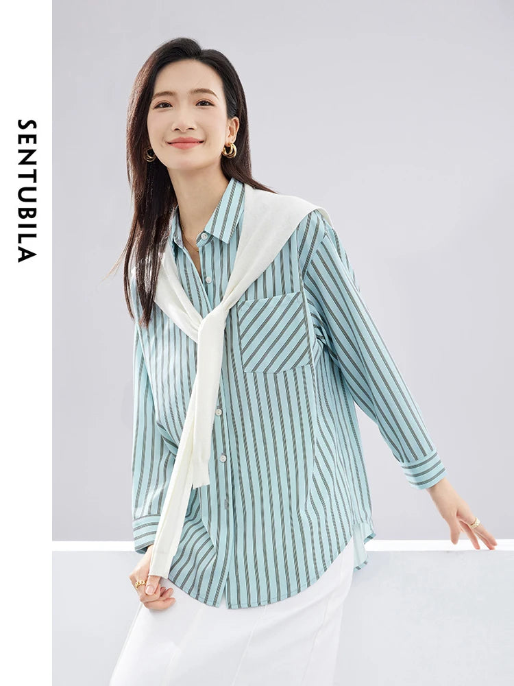 Blue Button Up Loose Striped Shirt