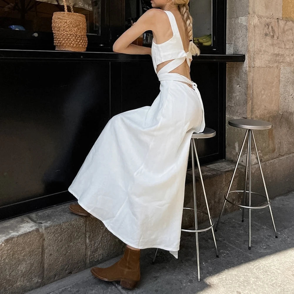 White Minimalist Square Collar Sleeveless High Waist Spliced Lace Up Elegant Dress