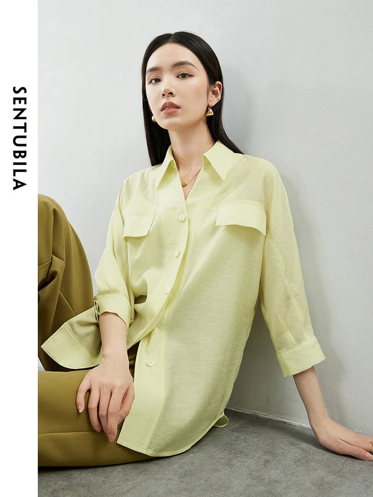 Summer Three-Quarter Sleeve Button-Up Blouse