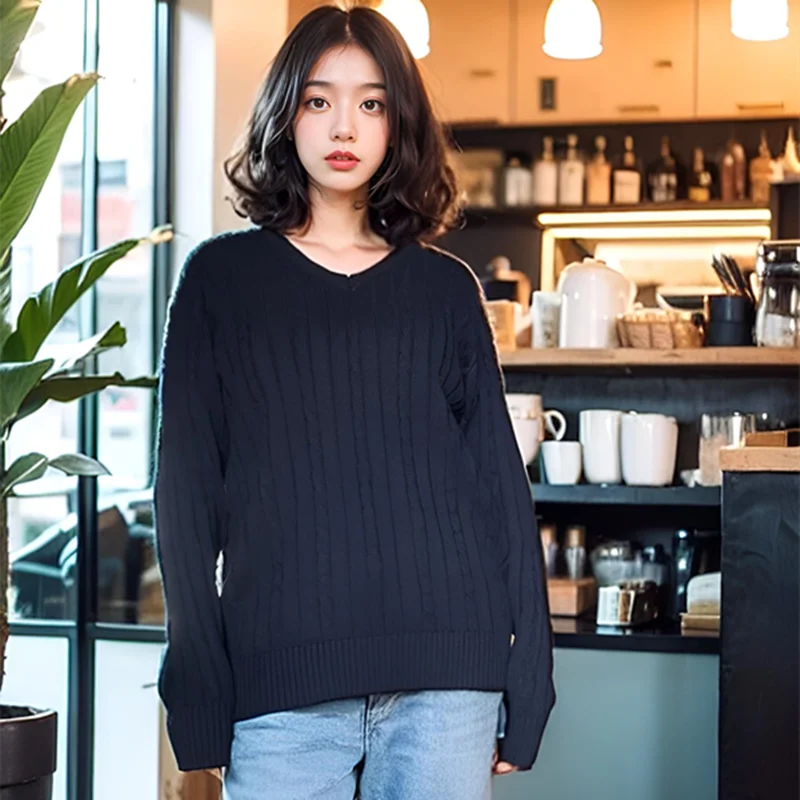 Pullovers Navy Long Sleeve V Neck Cable Knit  Sweater