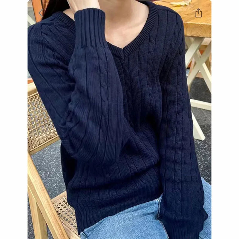 Pullovers Navy Long Sleeve V Neck Cable Knit  Sweater