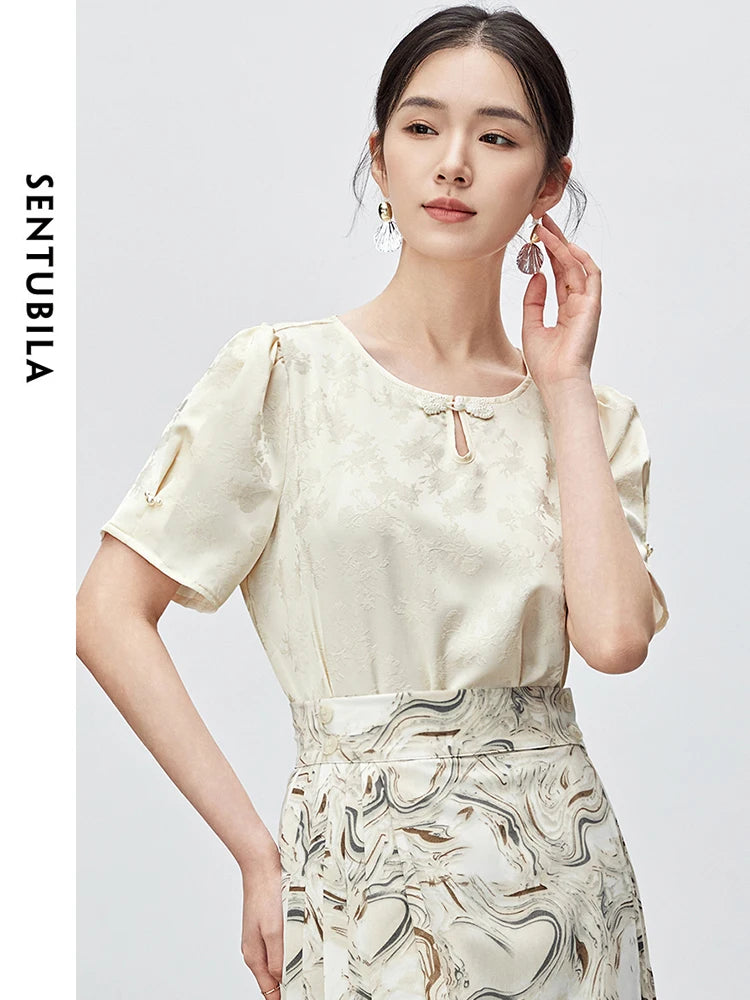 Jacquard Elegant Chiffon Round Neck Short Sleeve Blouse