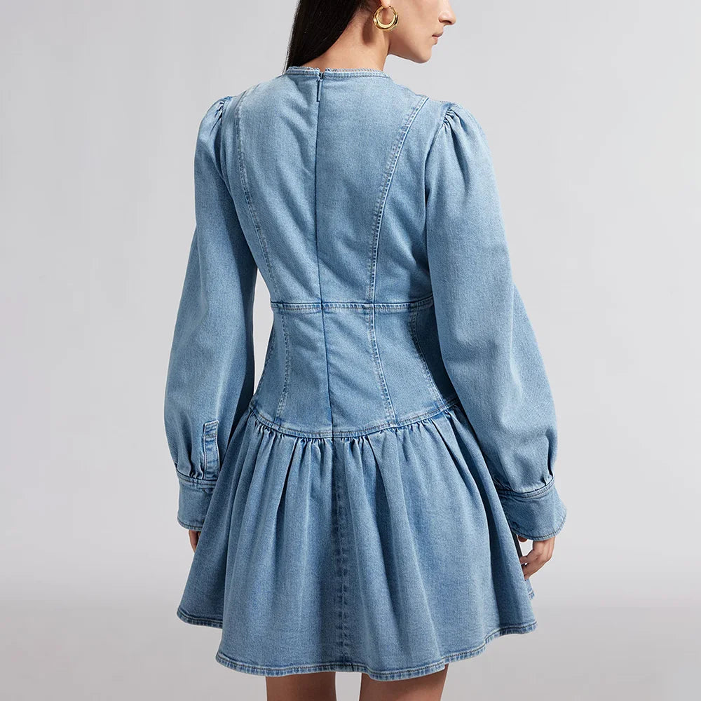 Minimalist Denim V Neck Long Sleeve High Waist Spliced Ruffles Casual Dress