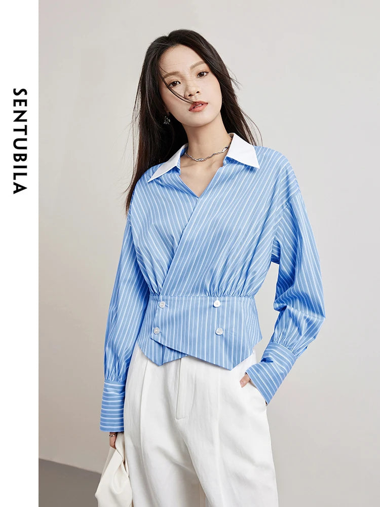 Striped Polo Collar Irregular Double Breasted Long Sleeve Waisted Blouse