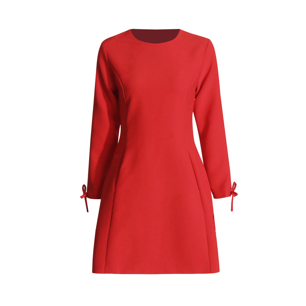 Bowknot Chic Round Neck High Waist Long Sleeve Dress