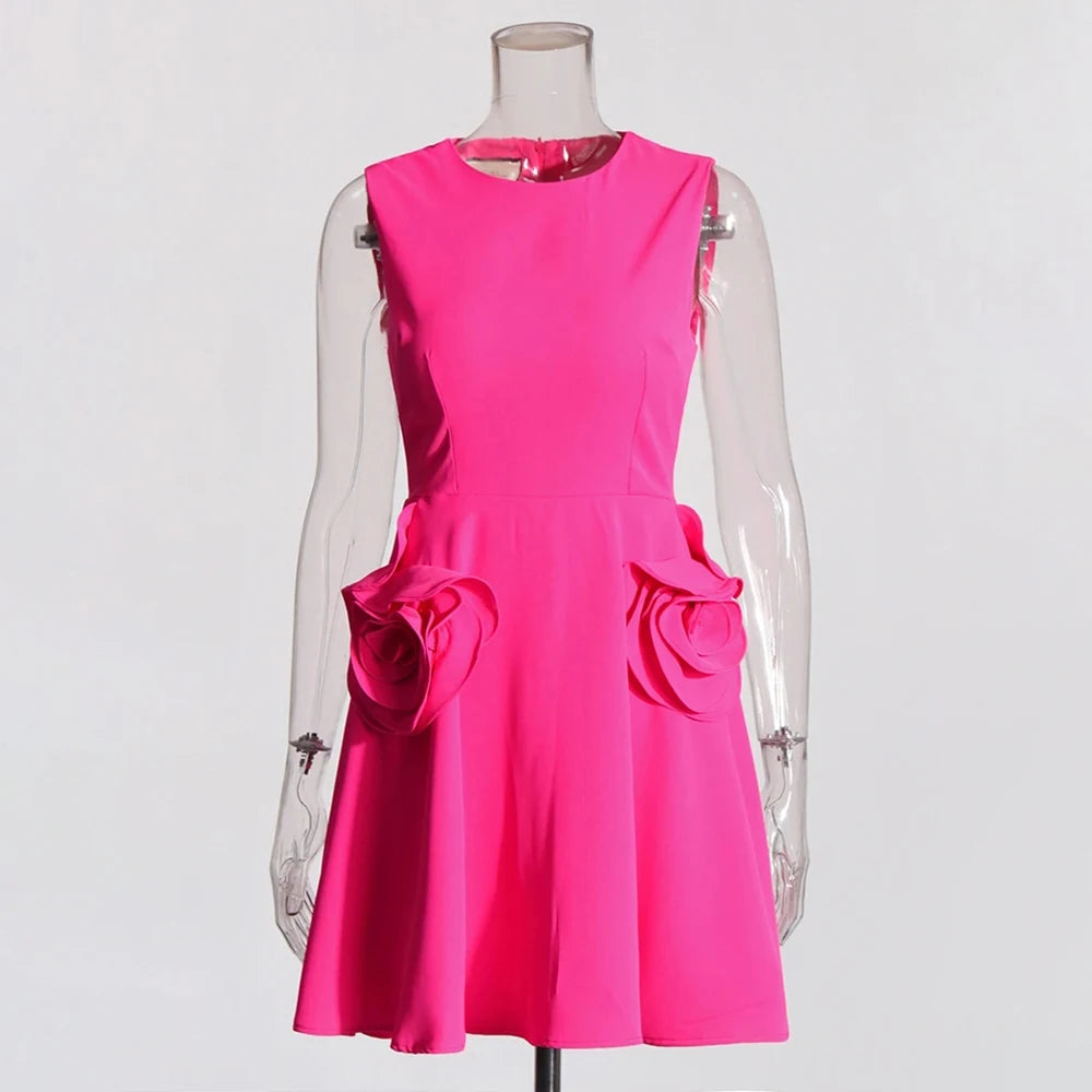 Pink Elegant Round Neck Sleeveless High Waist Patchwork Zipper Dress