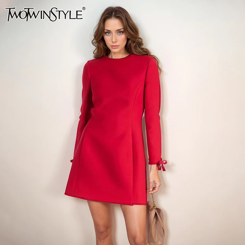 Bowknot Chic Round Neck High Waist Long Sleeve Dress