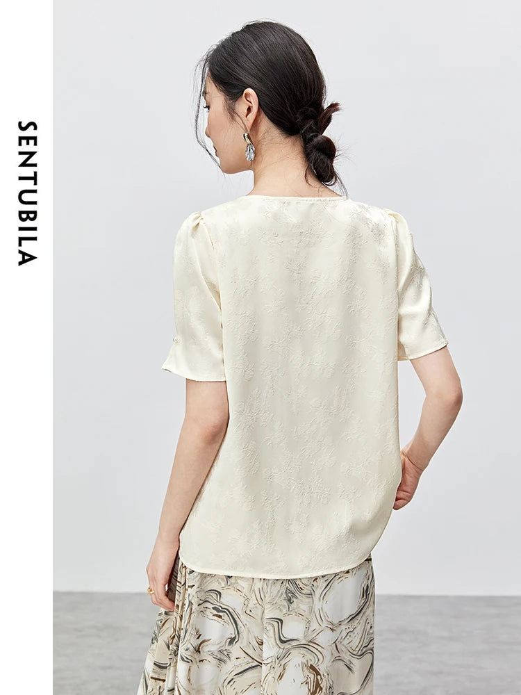 Jacquard Elegant Chiffon Round Neck Short Sleeve Blouse