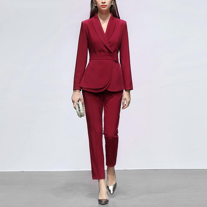 TeresaCollections - Waist Belted Blazer and High Waist Pants Suit Set