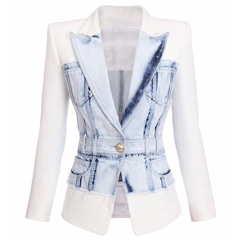 Denim Single Button Denim Patchwork Jacket Blazer - TeresaCollections