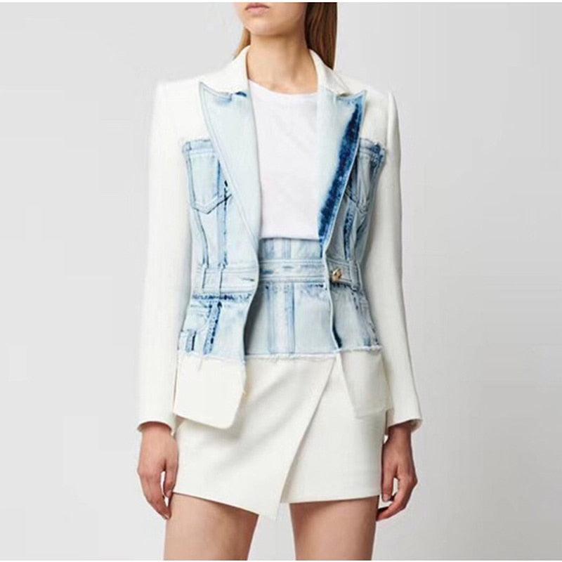 Denim Single Button Denim Patchwork Jacket Blazer - TeresaCollections