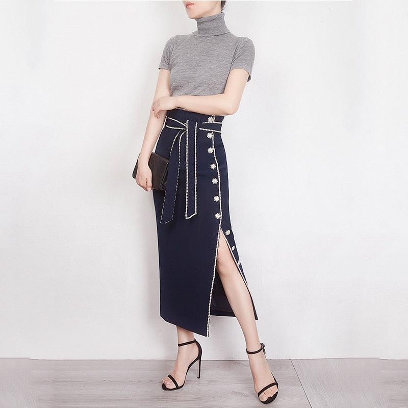 European American Empire Waist Skirt Straight Slit Skirt - TeresaCollections