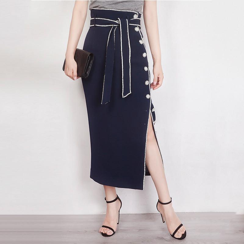 European American Empire Waist Skirt Straight Slit Skirt - TeresaCollections