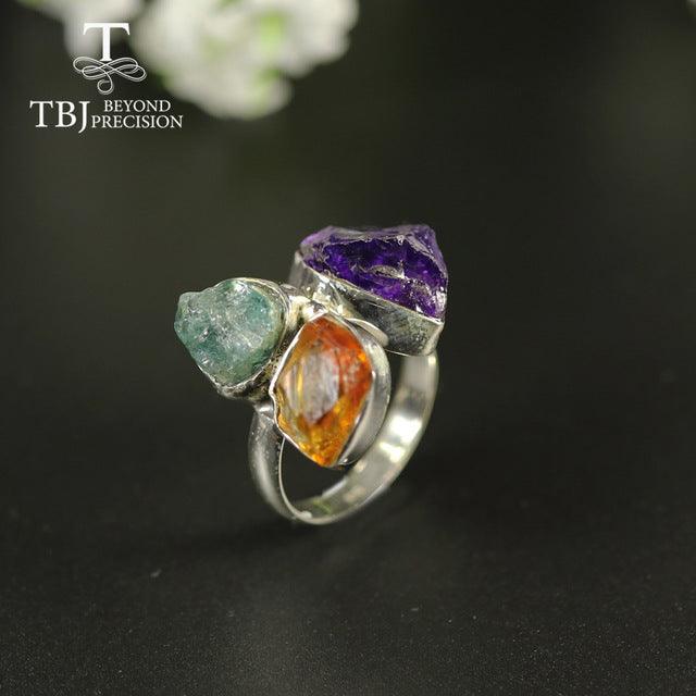 Unique Handmade Rough Natural Amethyst Citrine Apatite Gemstone Ring - TeresaCollections