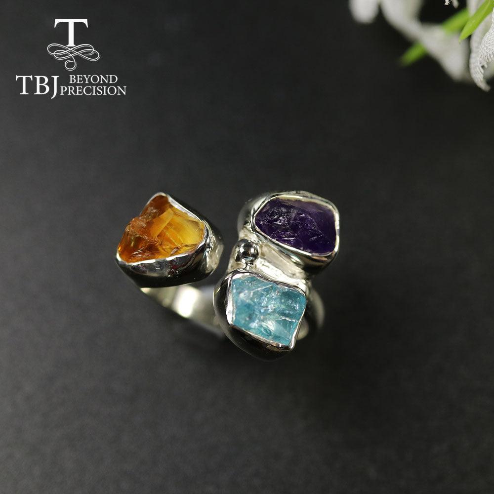 Unique Handmade Rough Natural Amethyst Citrine Apatite Gemstone Ring - TeresaCollections