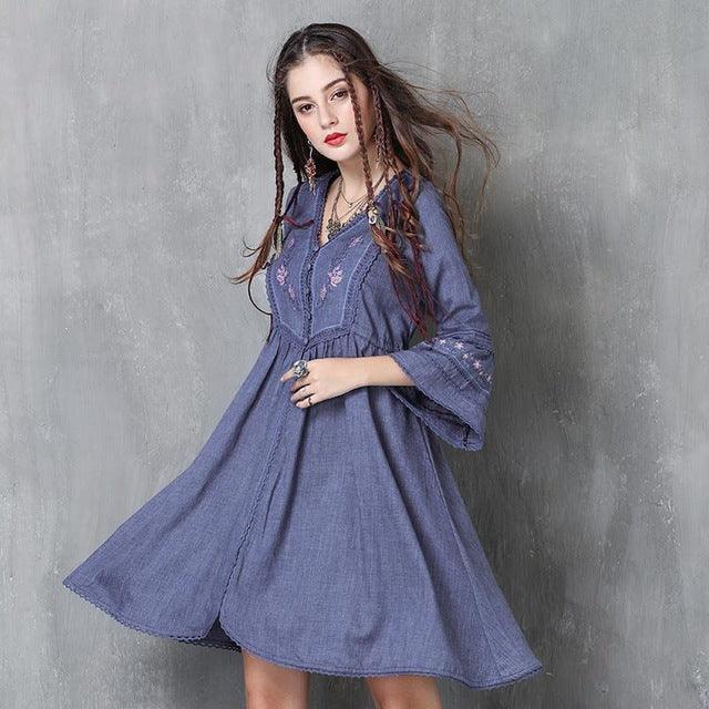 High Waist Flower Embroidery Flare Sleeve Denim Dress - TeresaCollections